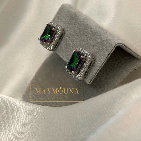 STERLING SILVER RAINBOW TOPAZ RECTANGULAR EARRINGS - Picture 2 of 9